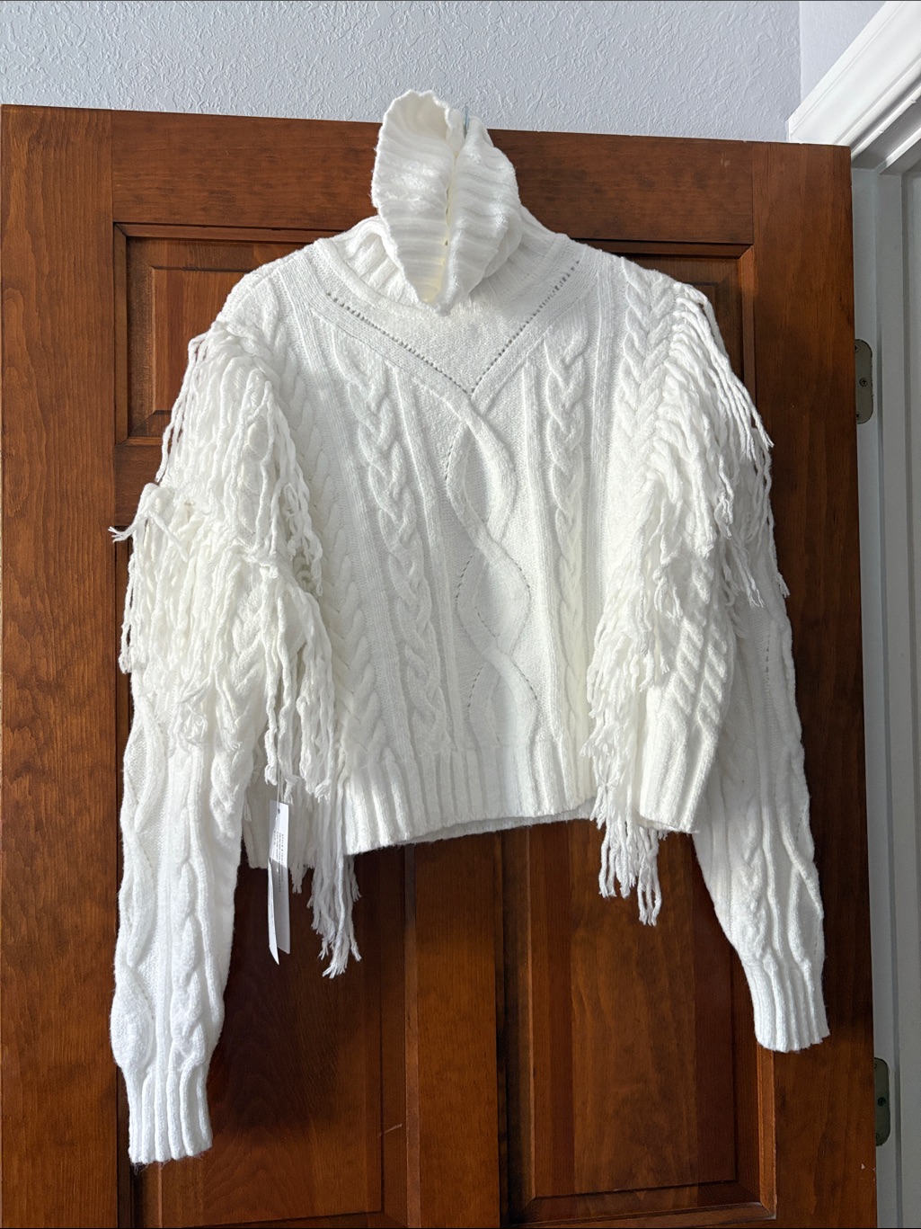 Ronny Kobo White Cable-Knit Fringe Turtleneck Sweater